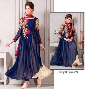 Embroidered Chiffon Unstitched Dress Royal Blue 03